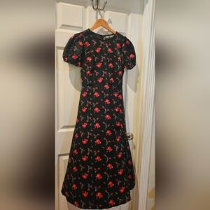 Miami Black Midi Dress with Red Floral Design